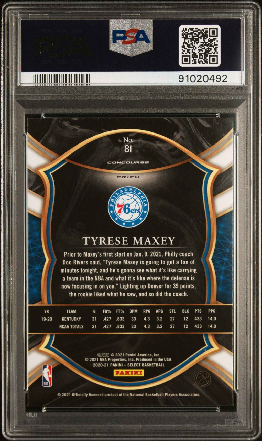 Graded 2020 Panini Select Tyrese Maxey #81 Red/White/Green Cracked Ice Rookie RC Basketball Card PSA 10 Gem Mint