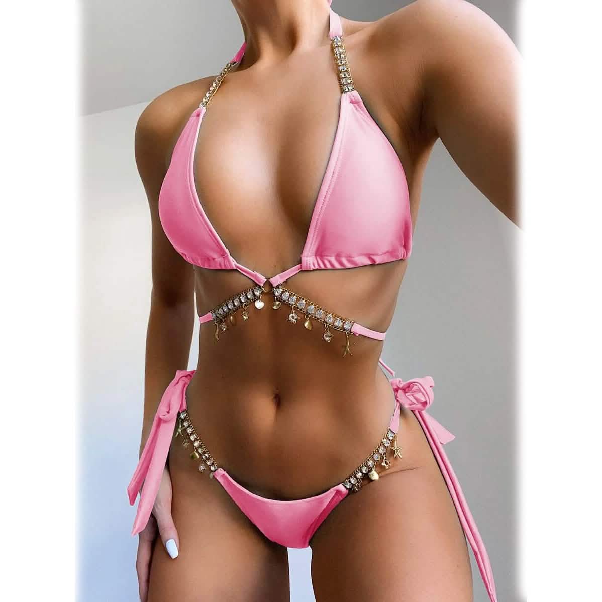 Chain Linked Triangle Tie Side Bikini Swimsuit