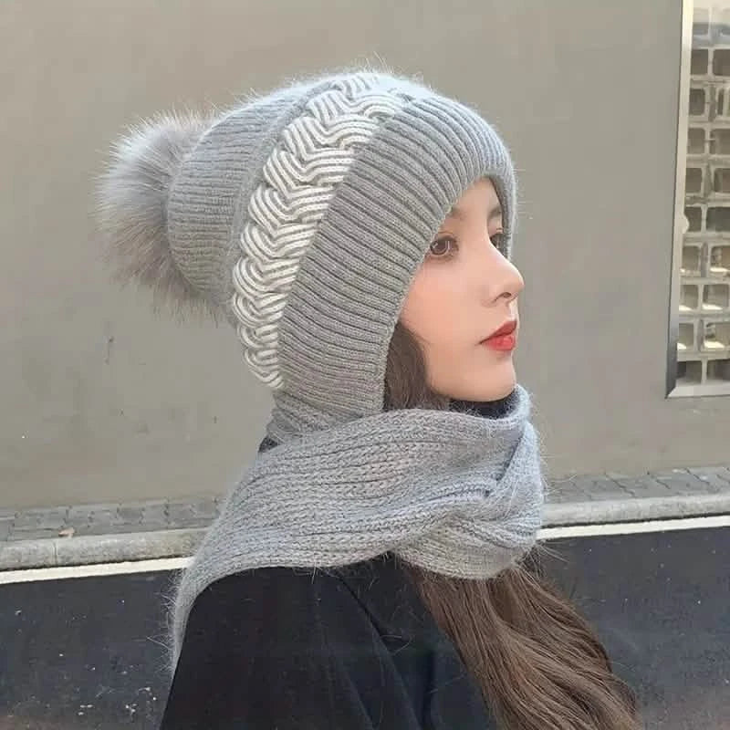 Coldproof Warm Beanie With Pom Classic Hooded Scarf Elastic Knit Hats Warm Beanies