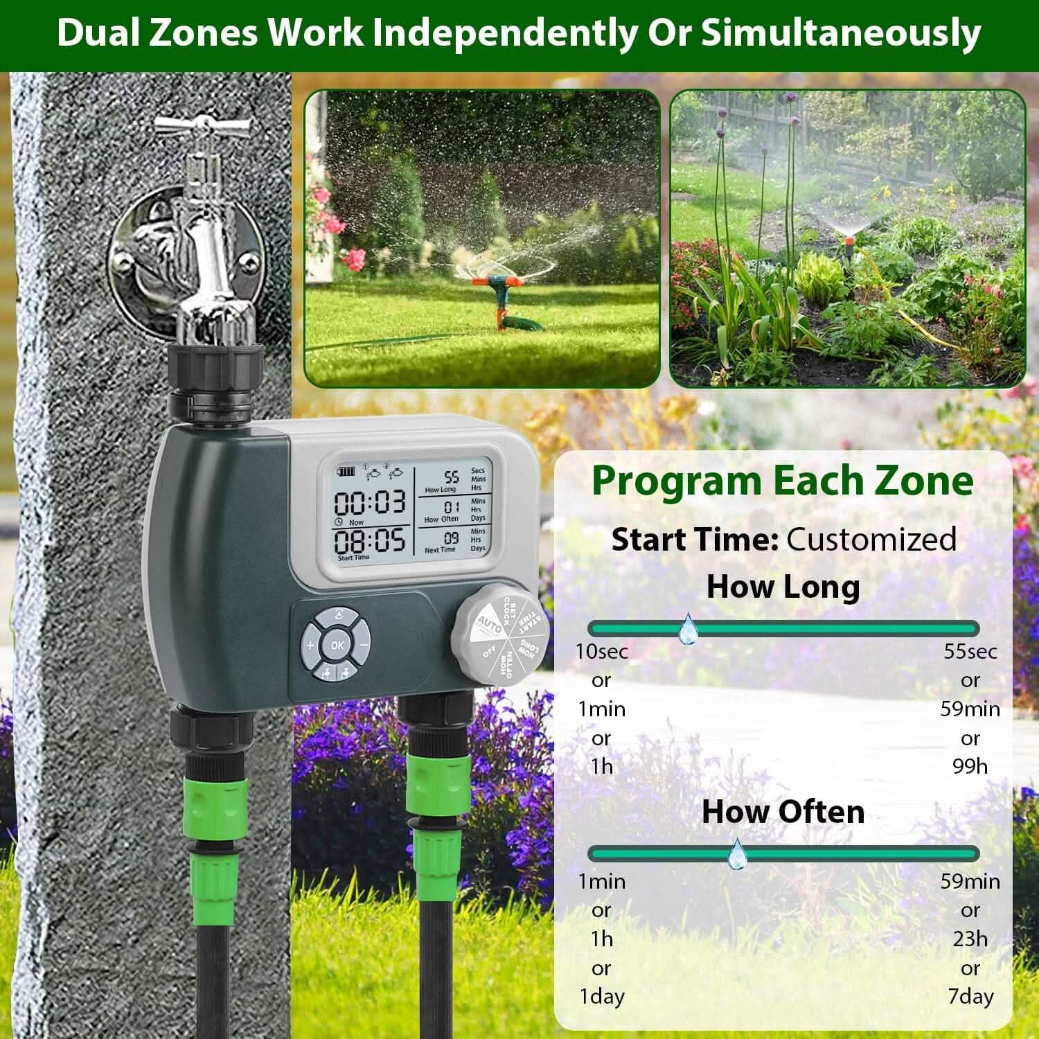 Digital Programmable Sprinkler Timer with 2 Outlet Zones