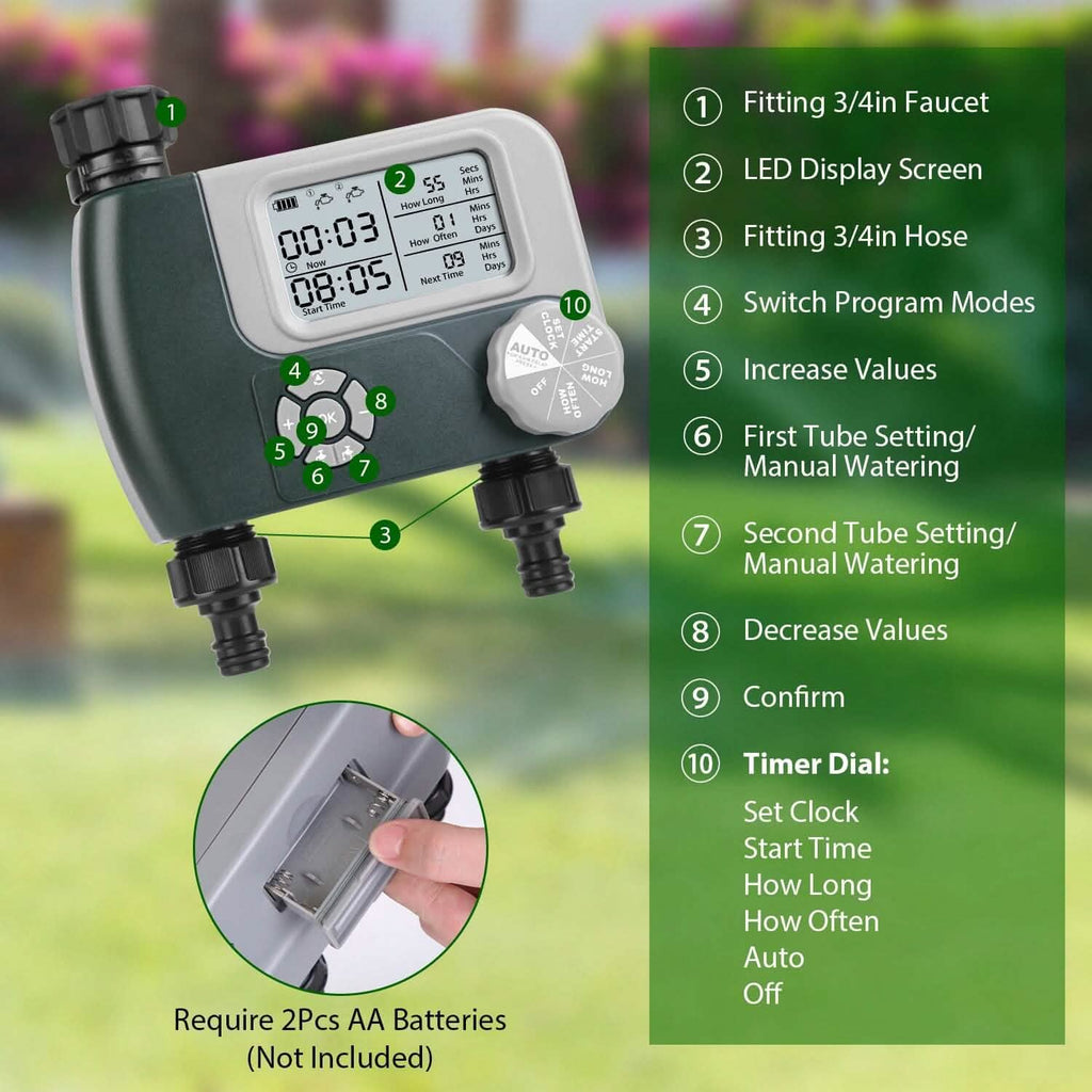 Digital Programmable Sprinkler Timer with 2 Outlet Zones
