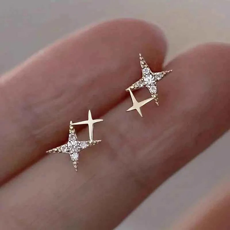 Double Star Design Stud Earrings Inlaid Zirconia