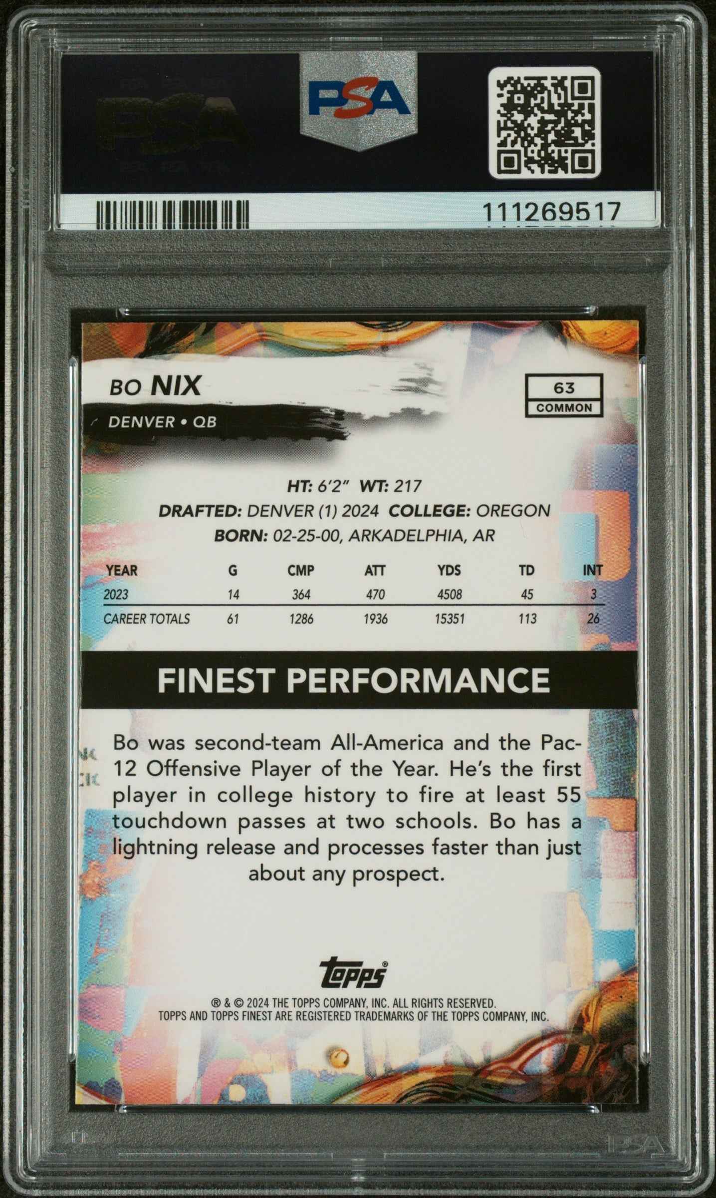Graded 2024 Topps Finest Bo Nix #63 Rookie RC Football Card PSA 10 Gem Mint