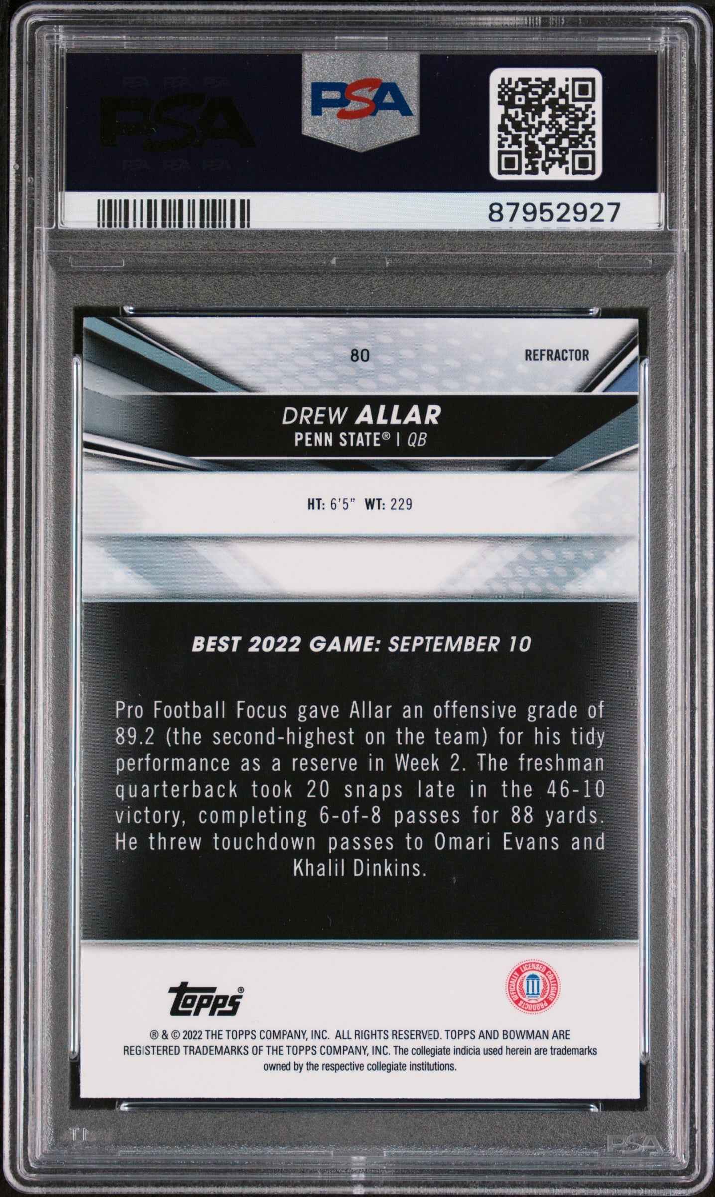 Graded 2022 Topps Bowman Best University Drew Allar #80 Refractor Rookie RC Football Card PSA 10 Gem Mint