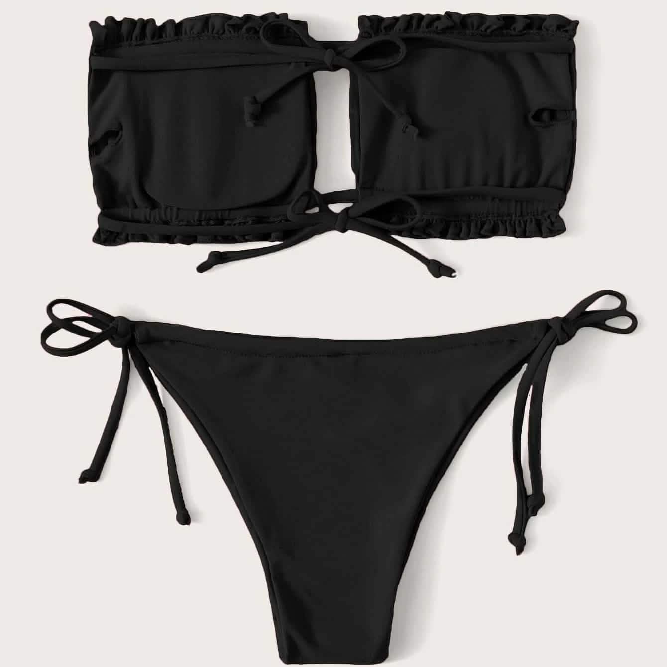 Frill Trim Bandeau Tie Side Bikini Swimsuit