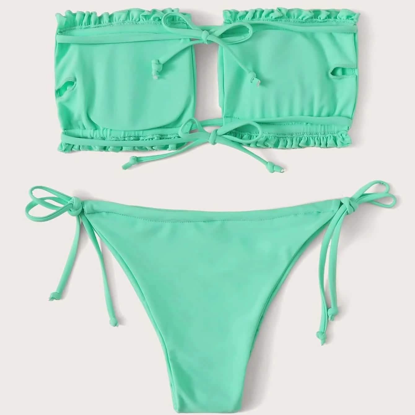 Frill Trim Bandeau Tie Side Bikini Swimsuit