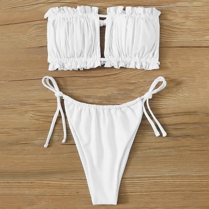 Frill Trim Bandeau Tie Side Bikini Swimsuit