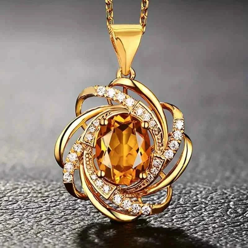 Glass Faux Gemstone Elegant Spiral Flower Pendant Necklace