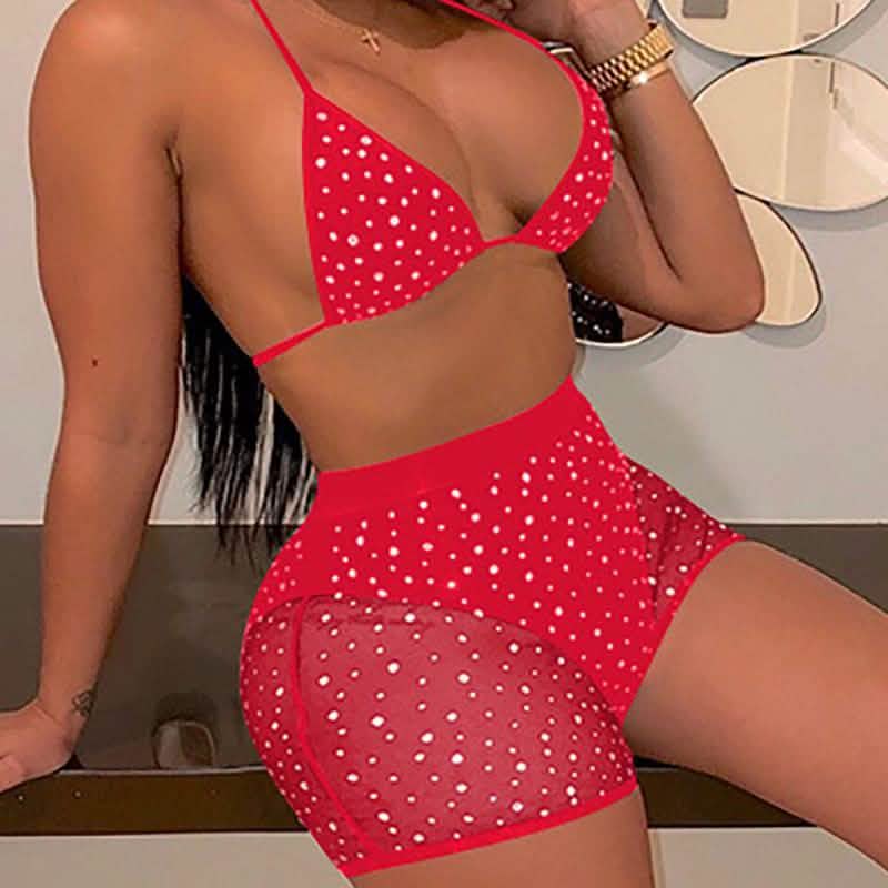 Halter See Through Sequins Mesh Bra & Shorts