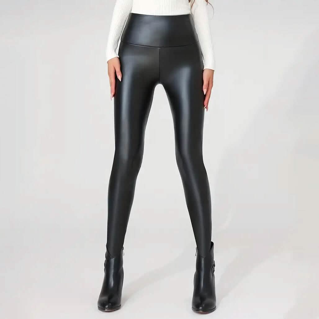 High Waisted Faux PU Leather Plush Lined Elastic Slim Leggings