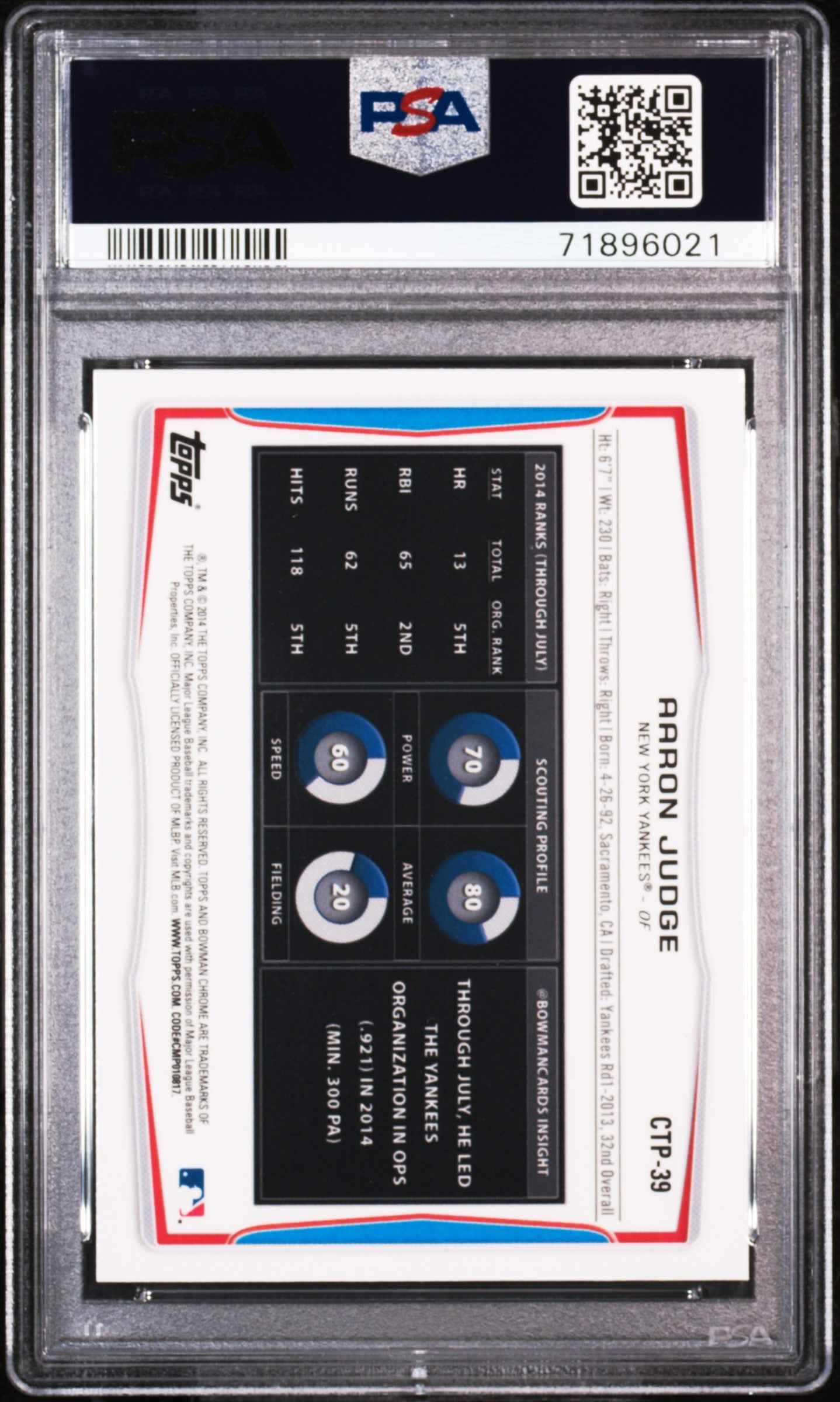 Graded 2014 Topps Bowman Draft Picks Aaron Judge #CTP39 Top Pros Chrome Rookie RC Baseball Card PSA 10 Gem Mint