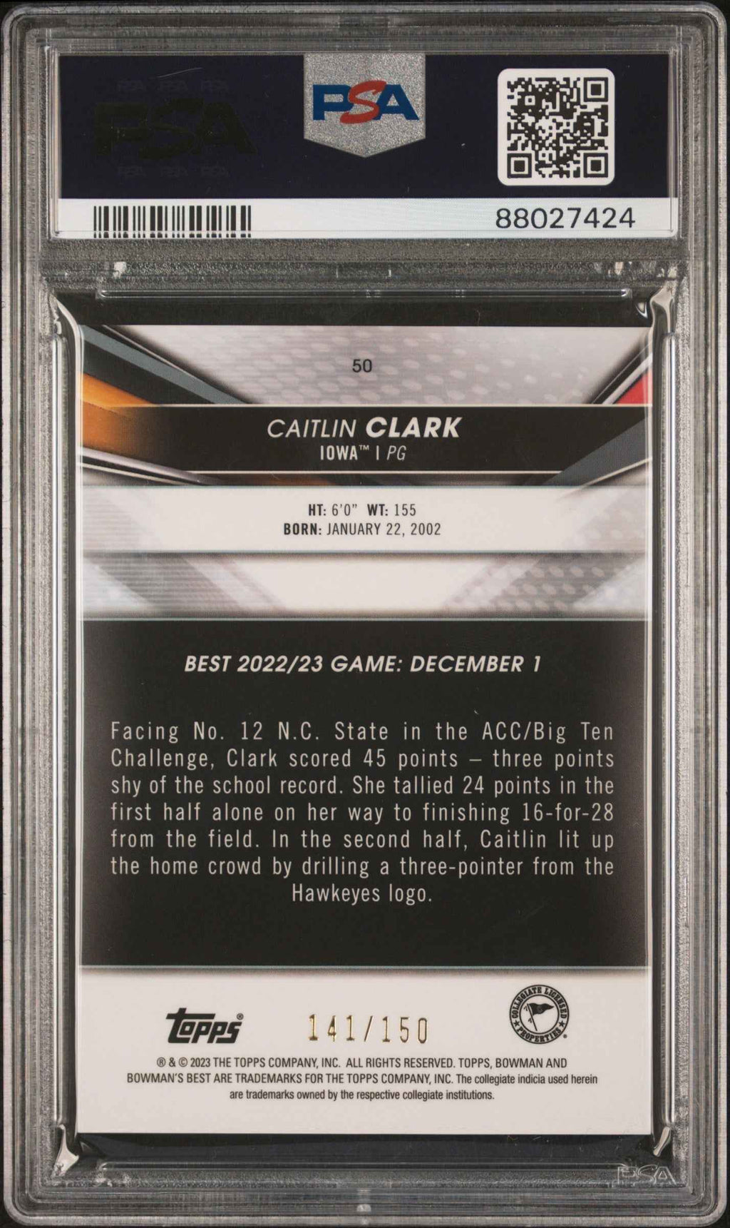 Graded 2022 Topps Bowman University Best Caitlin Clark #50 Blue Refractor #/150 Rookie RC Basketball Card PSA 10 Gem Mint