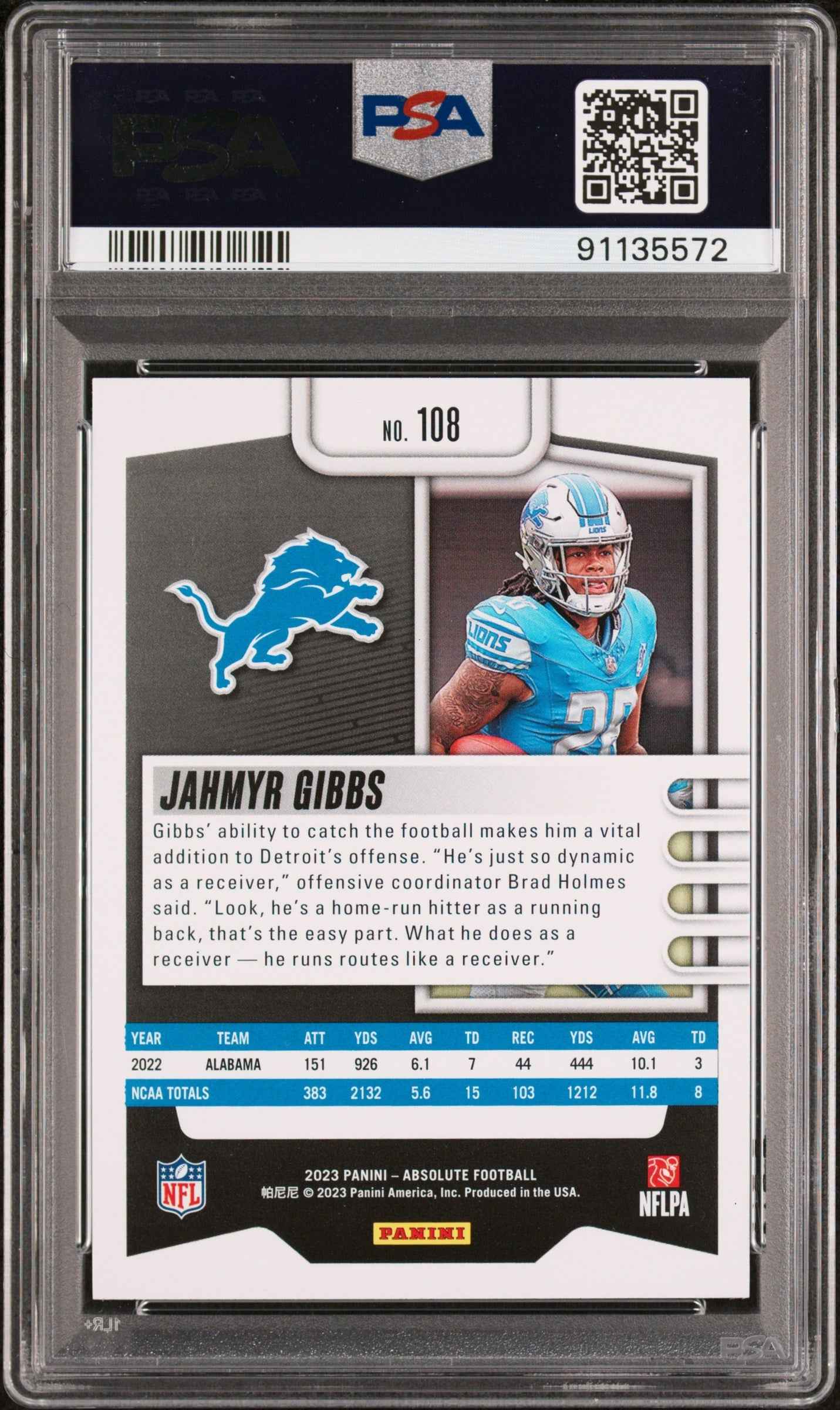 Graded 2023 Panini Absolute Jahmyr Gibbs #108 Rookie RC Football Card PSA 10 Gem Mint