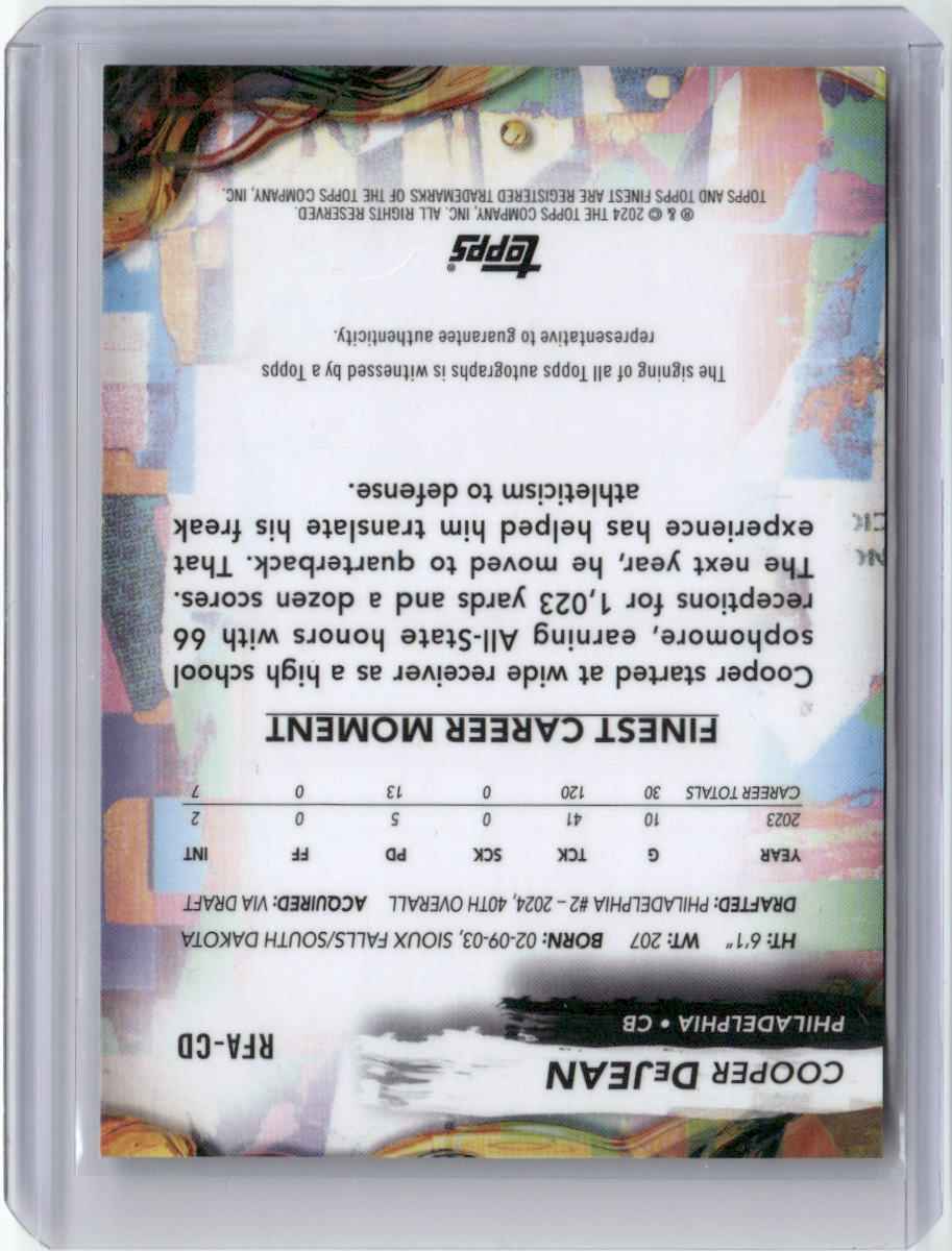 2024 Topps Finest Cooper DeJean #RFA-CD Auto Rookie RC Football Card