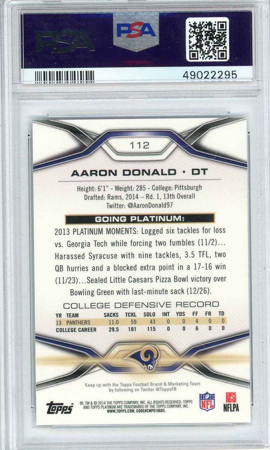Graded 2014 Topps Platinum Aaron Donald #112 Rookie RC Football Card PSA 10 Gem Mint