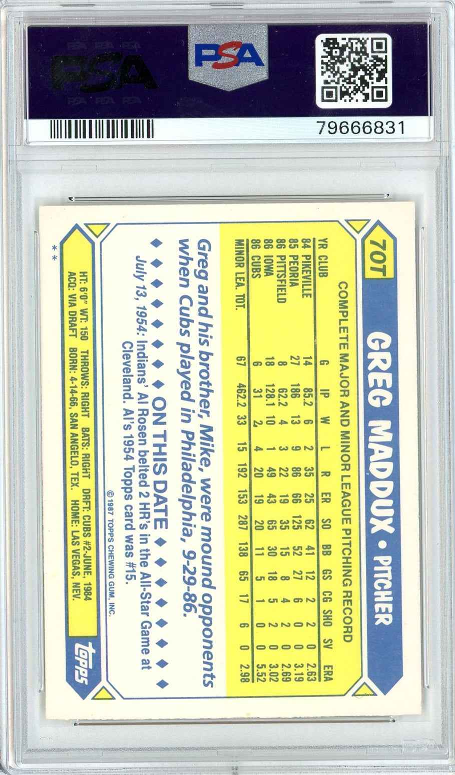 Graded 1987 Topps Traded Greg Maddux #70T Rookie RC Baseball Card PSA 9 Auto Grade Mint