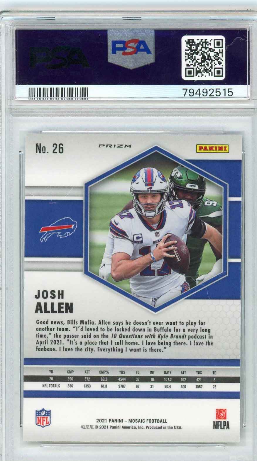Graded 2021 Panini Mosaic Josh Allen #26 Reactive Blue Football Card PSA 10 Gem Mint
