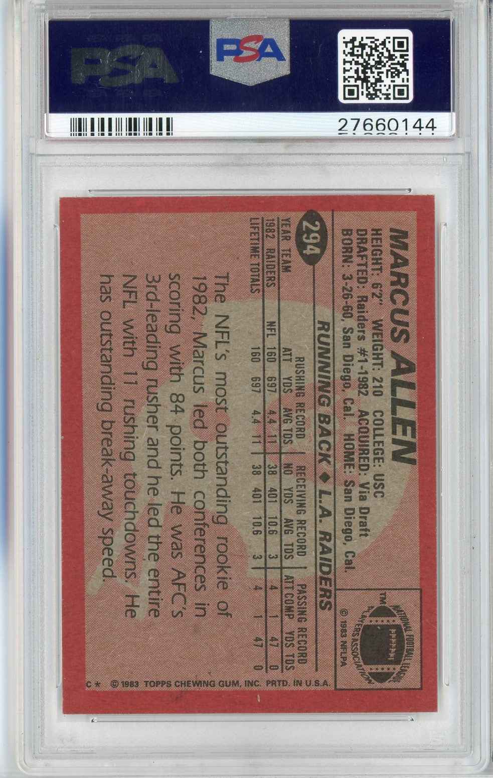 Graded 1983 Topps Marcus Allen #294 Rookie RC Football Card PSA 7 Near Mint