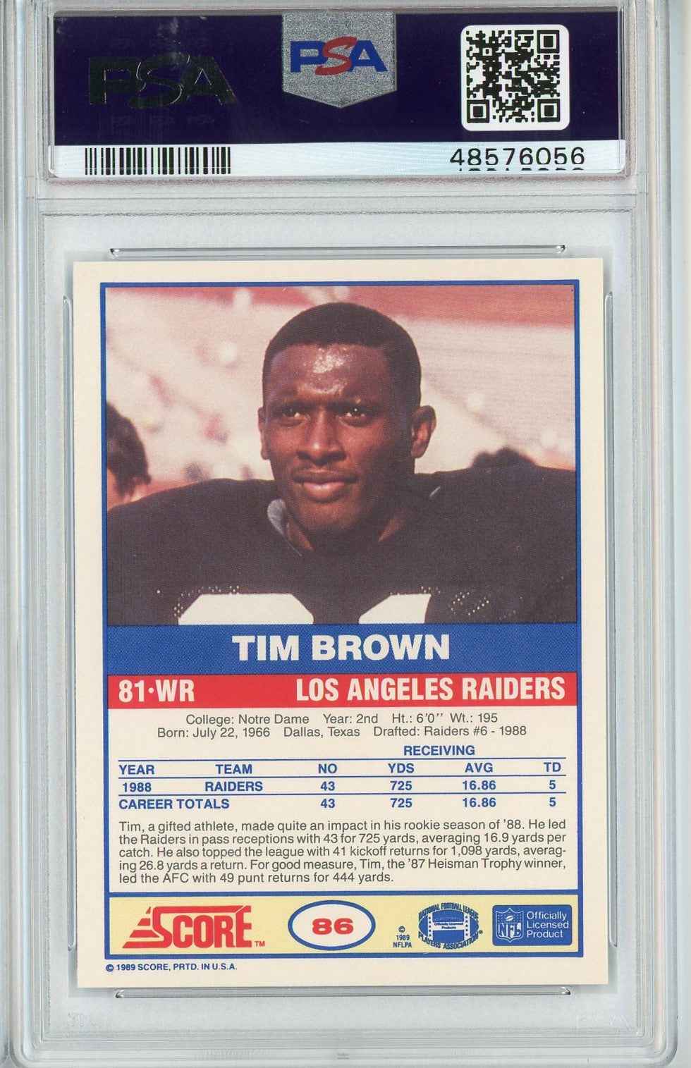 Graded 1989 Score Tim Brown #86 Rookie RC Football Card PSA 9 Mint