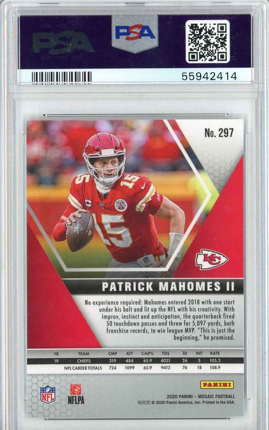 Graded 2020 Panini Mosaic Patrick Mahomes II #297 Football Card PSA 10 Gem Mint
