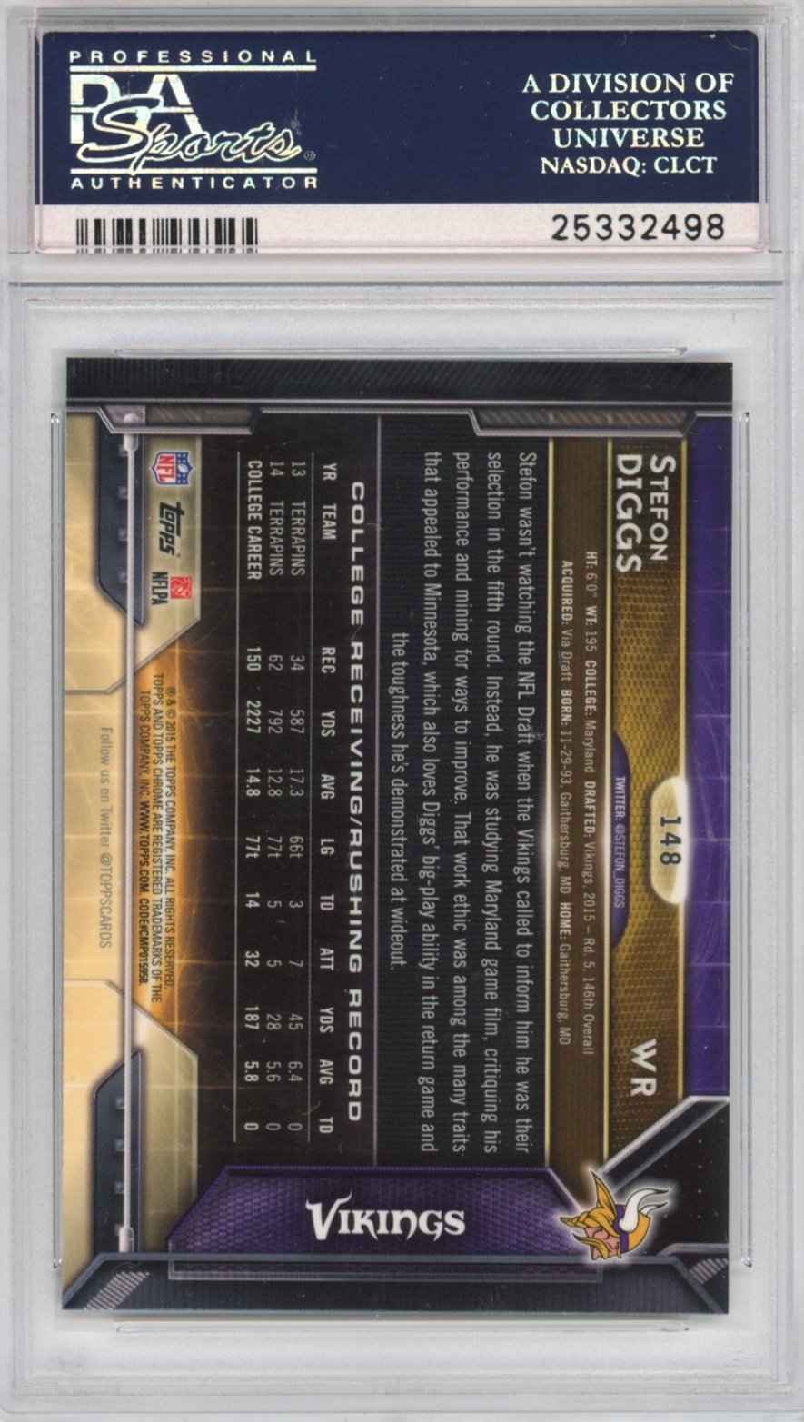Graded 2015 Topps Chrome Stefon Diggs #148 Green Refractor Rookie RC Football Card PSA 10 Gem Mint