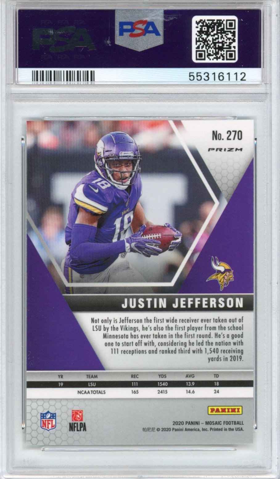 Graded 2020 Panini Mosaic Justin Jefferson #270 Green Mosaic Rookie RC Football Card PSA 10 Gem Mint
