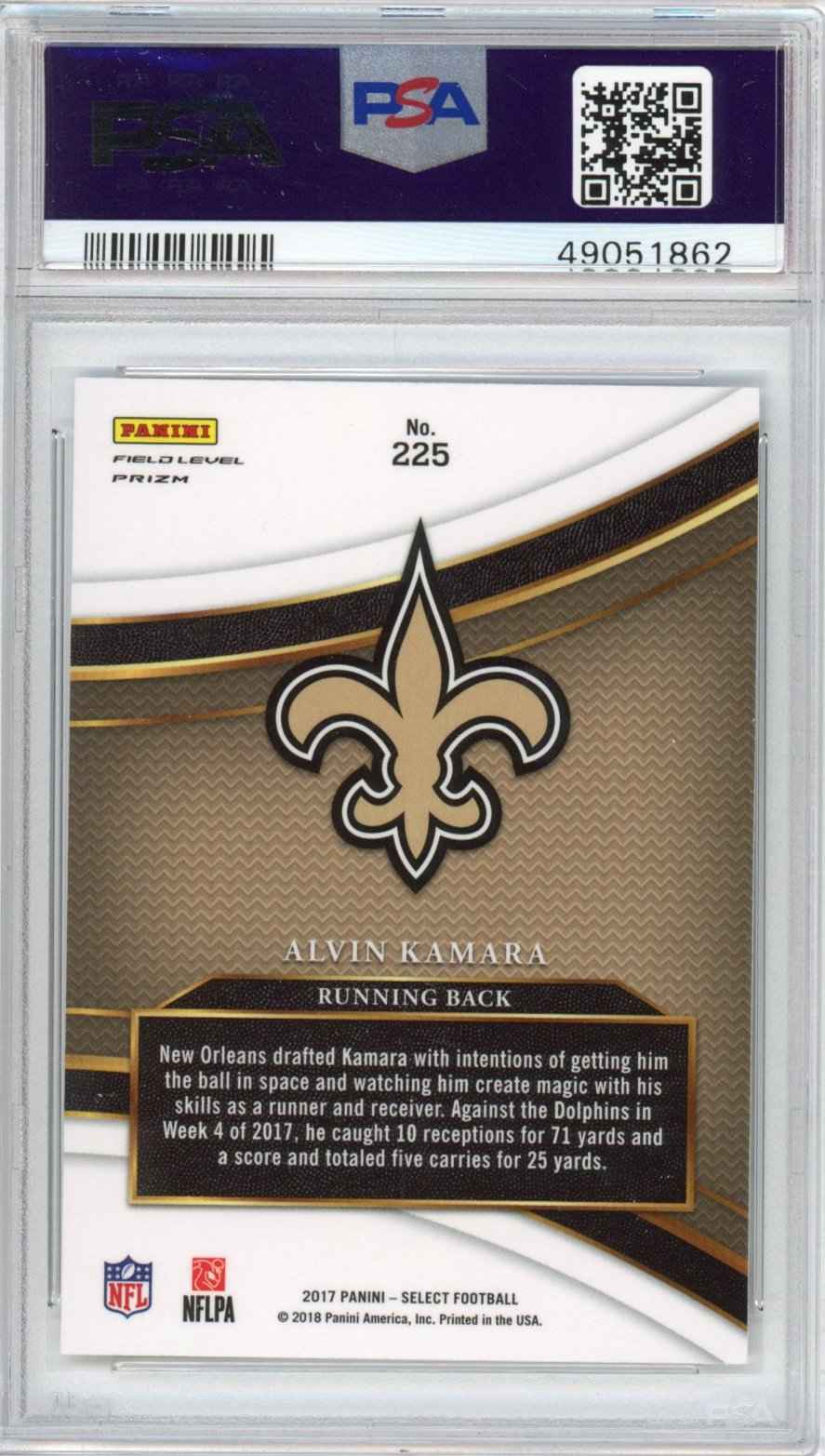 Graded 2017 Panini Select Alvin Kamara #225 Rookie RC Football Card PSA 10 Gem Mint