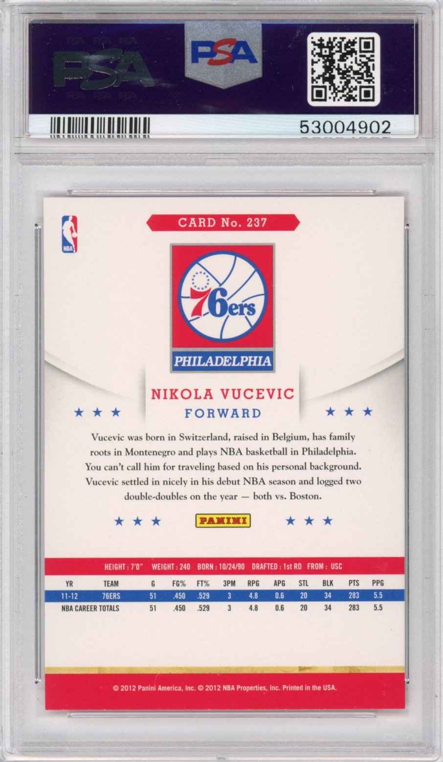 Graded 2012-13 Panini Hoops Nikola Vucevic #237 Rookie RC Basketball Card PSA 10 Gem Mint