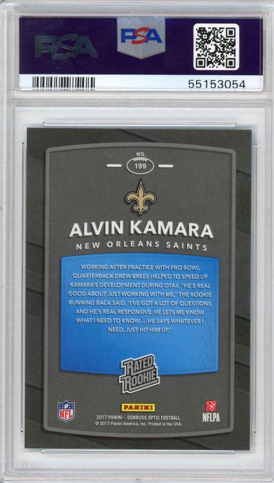 Graded 2017 Panini Donruss Optic Alvin Kamara #199 Rookie RC Football Card PSA 9 Mint