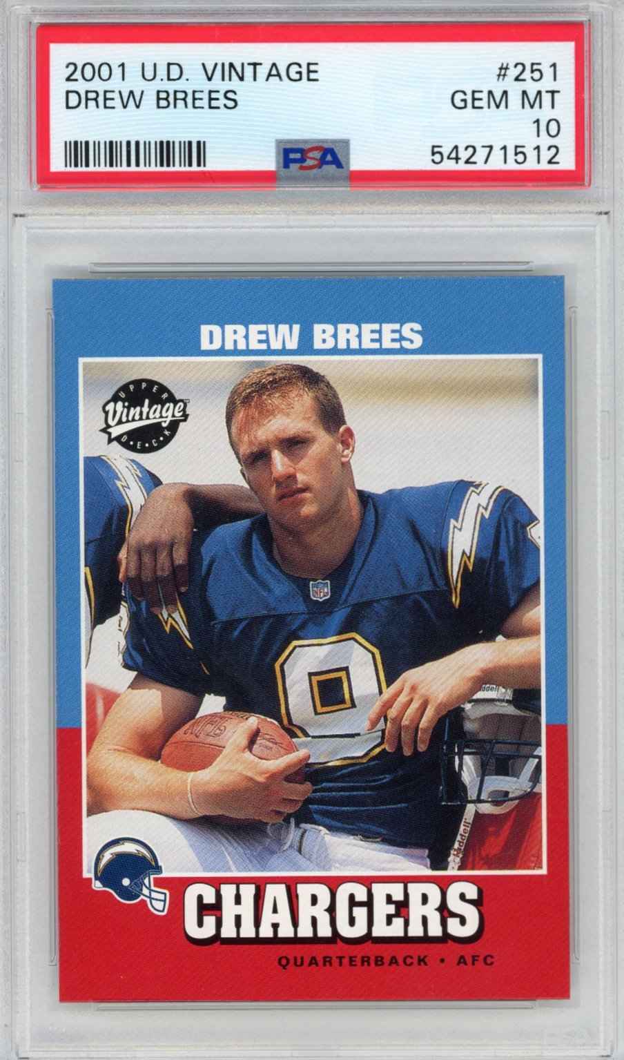 Graded 2001 Upper Deck UD Vintage Drew Brees #251 Rookie RC Football Card PSA 10 Gem Mint