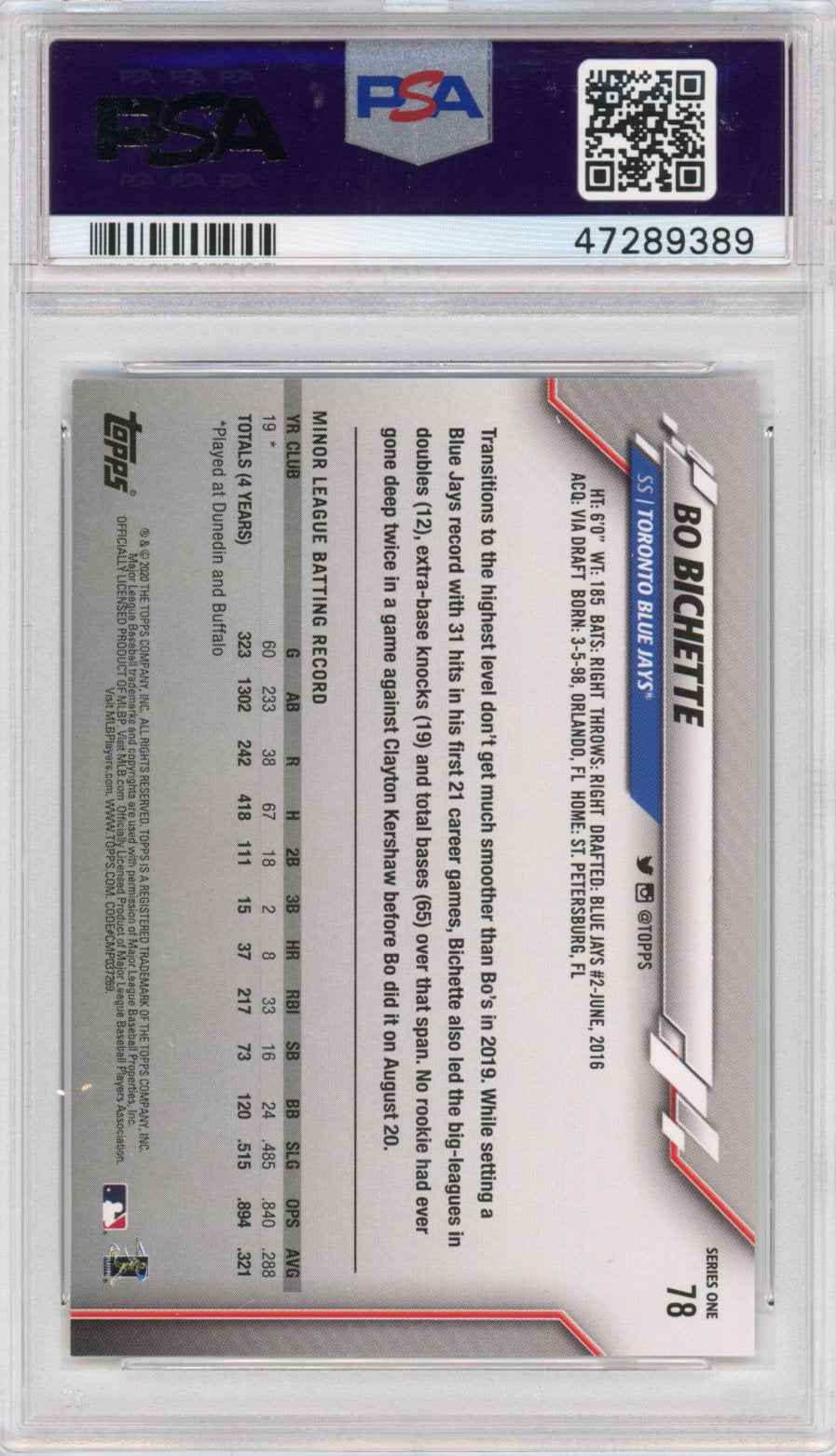 Graded 2020 Topps Bo Bichette #78 Rookie RC Baseball Card PSA 10 Gem Mint