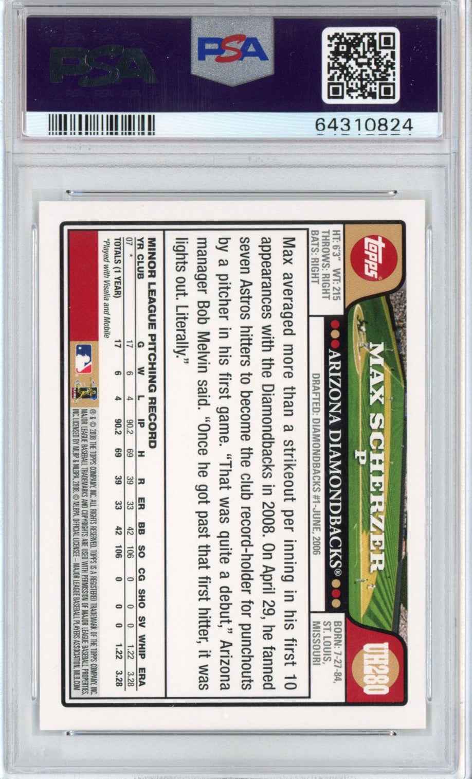 Graded 2008 Topps Update & Highlights Max Scherzer #UH280 Rookie RC Baseball Card PSA 9 Mint