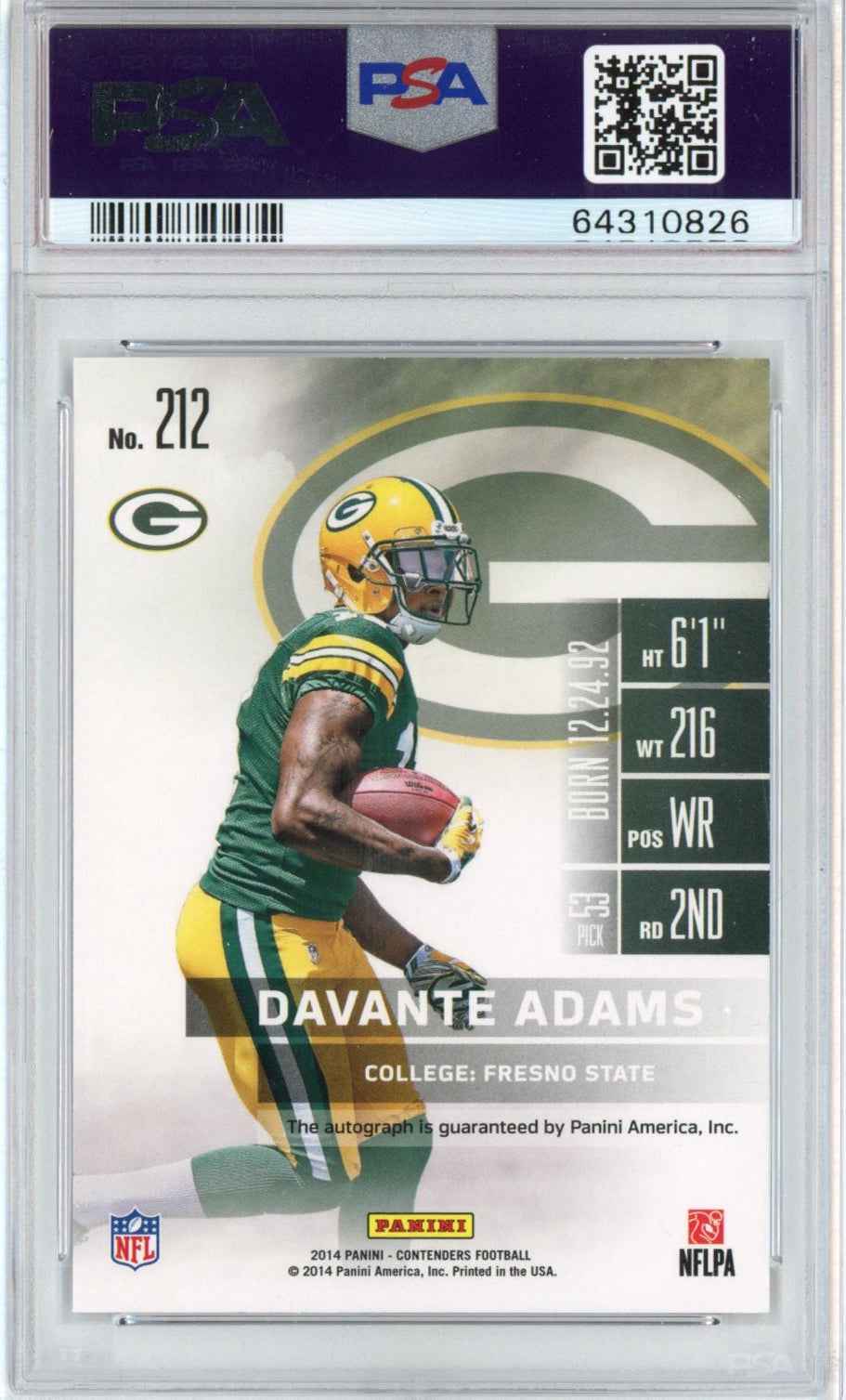 Graded 2014 Panini Contenders Davante Adams #212 Running To Side Autographed Auto Rookie Ticket RC Football Card PSA 10 Gem Mint