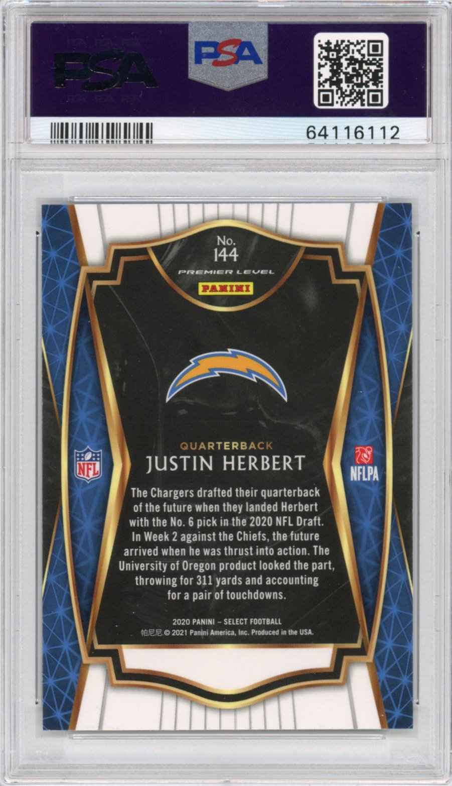 Graded 2020 Panini Select Justin Herbert #144 Premier Level Rookie RC Football Card PSA 10 Gem Mint