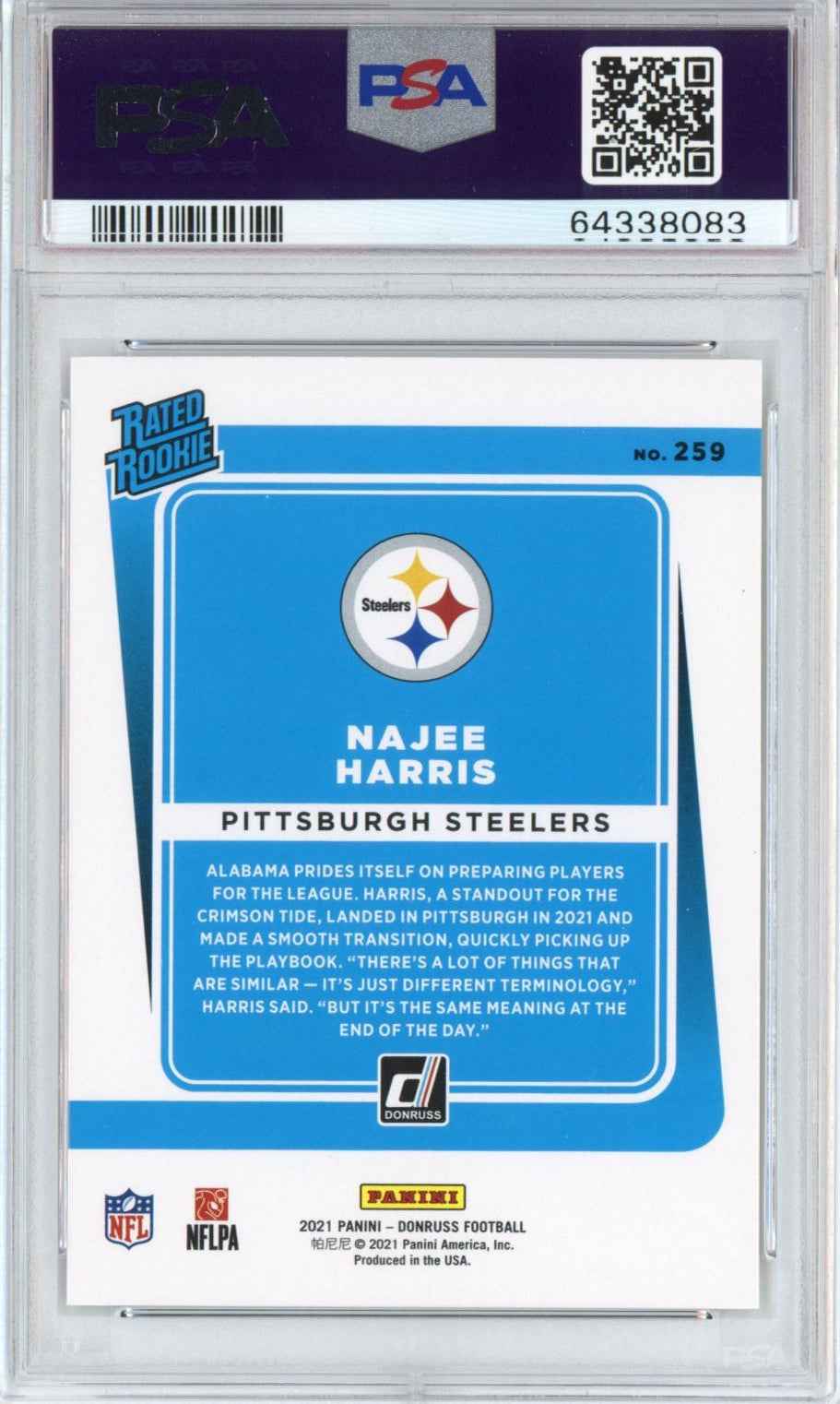 Graded 2021 Panini Donruss Najee Harris #259 Rated Rookie RC Football Card PSA 10 Gem Mint