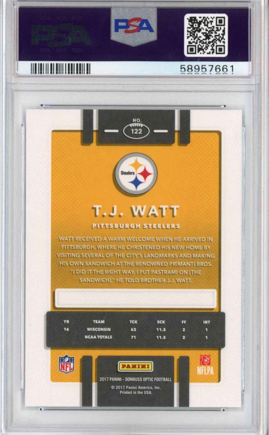 Graded 2017 Panini Donruss Optic TJ T.J. Watt #122 Rookie RC Football Card PSA 10 Gem Mint