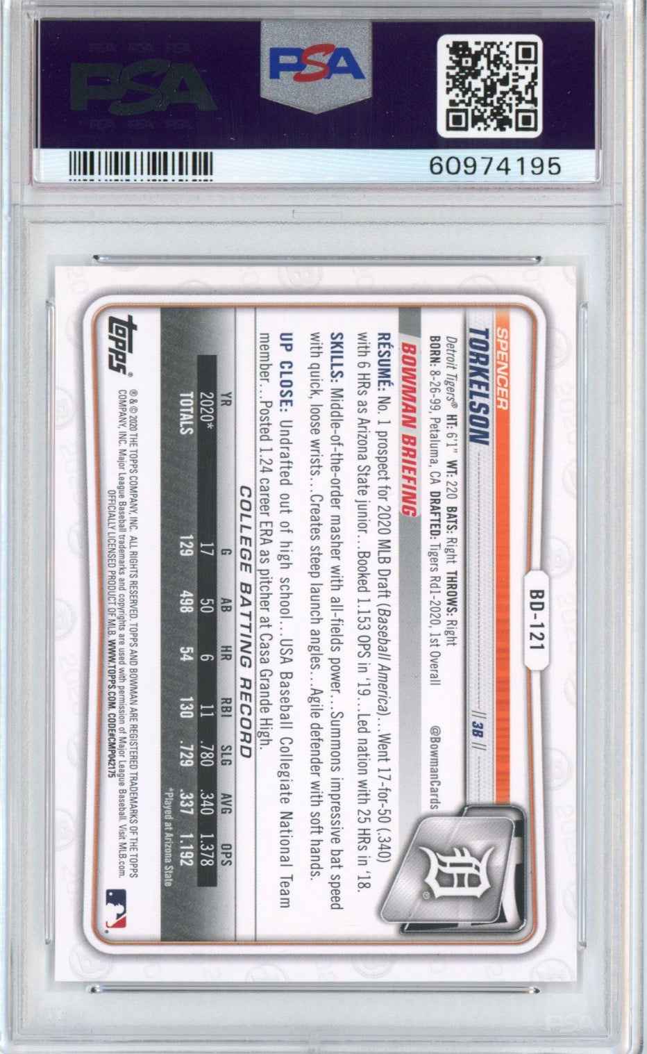 Graded 2020 Bowman Draft Spencer Torkelson #BD121 Rookie RC Baseball Card PSA 10 Gem Mint
