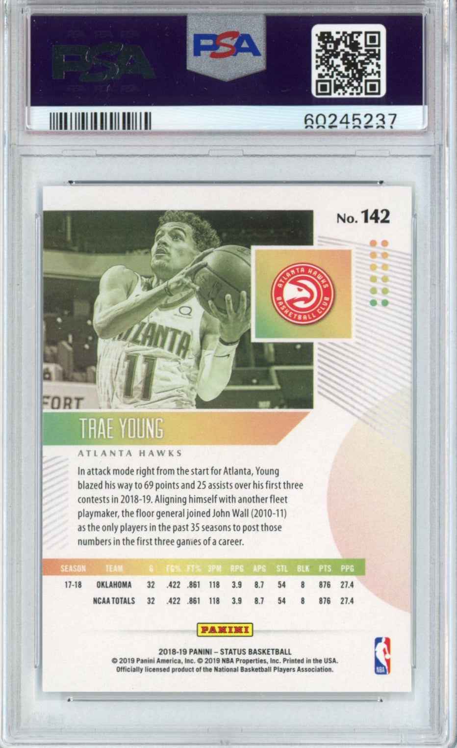 Graded 2018-19 Panini Status Trae Young #142 Rookie RC Basketball Card PSA 10 Gem Mint