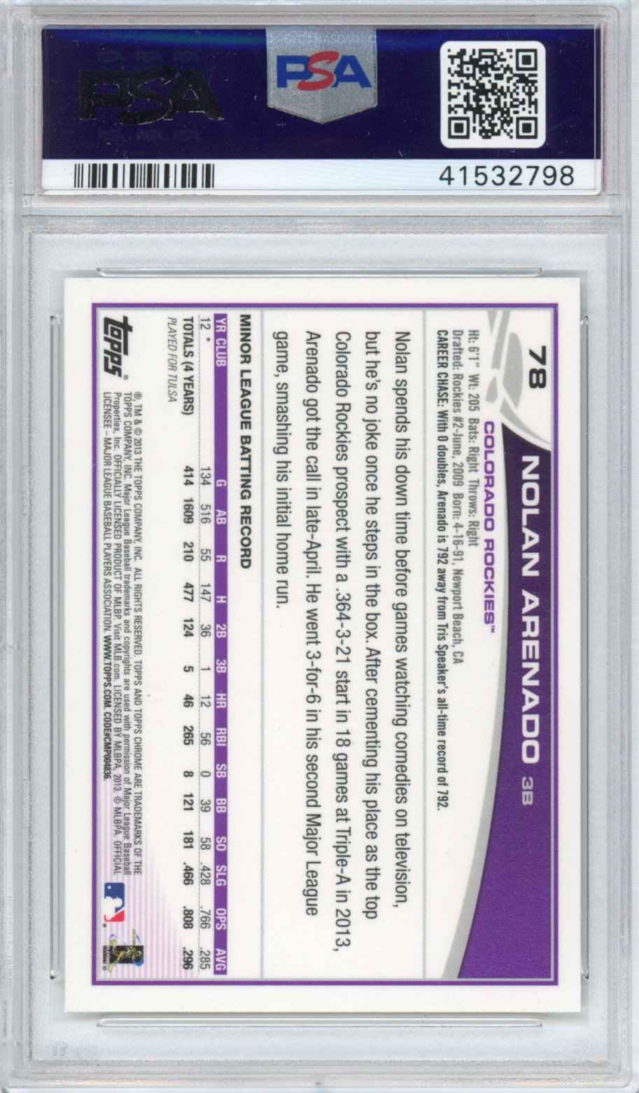 Graded 2013 Topps Chrome Nolan Arenado #78 Rookie RC Baseball Card PSA 10 Gem Mint