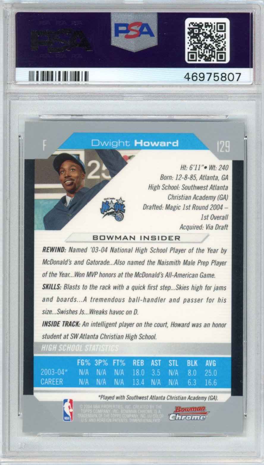 Graded 2004-05 Bowman Chrome DP Draft Picks & Prospects Dwight Howard #129 Rookie RC Basketball Card PSA 10 Gem Mint