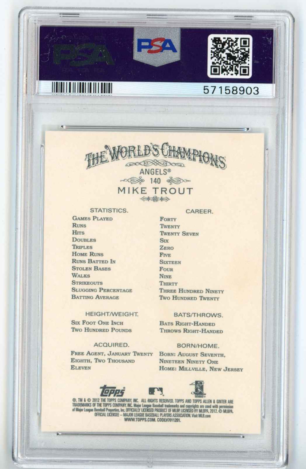 Graded 2012 Topps Allen & Ginter Mike Trout #140 Rookie RC Baseball Card PSA 10 Gem Mint