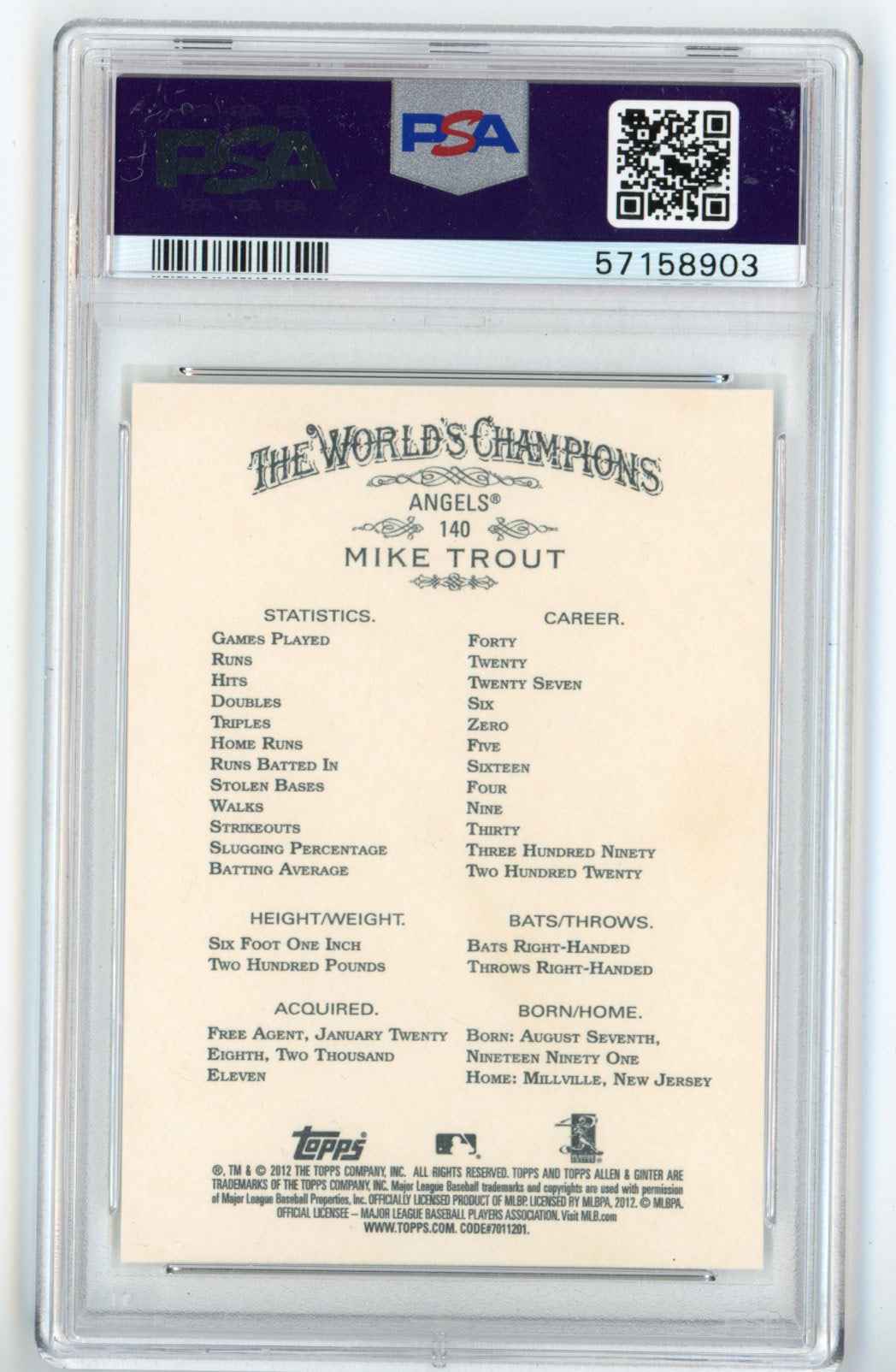 Graded 2012 Topps Allen & Ginter Mike Trout #140 Rookie RC Baseball Card PSA 10 Gem Mint