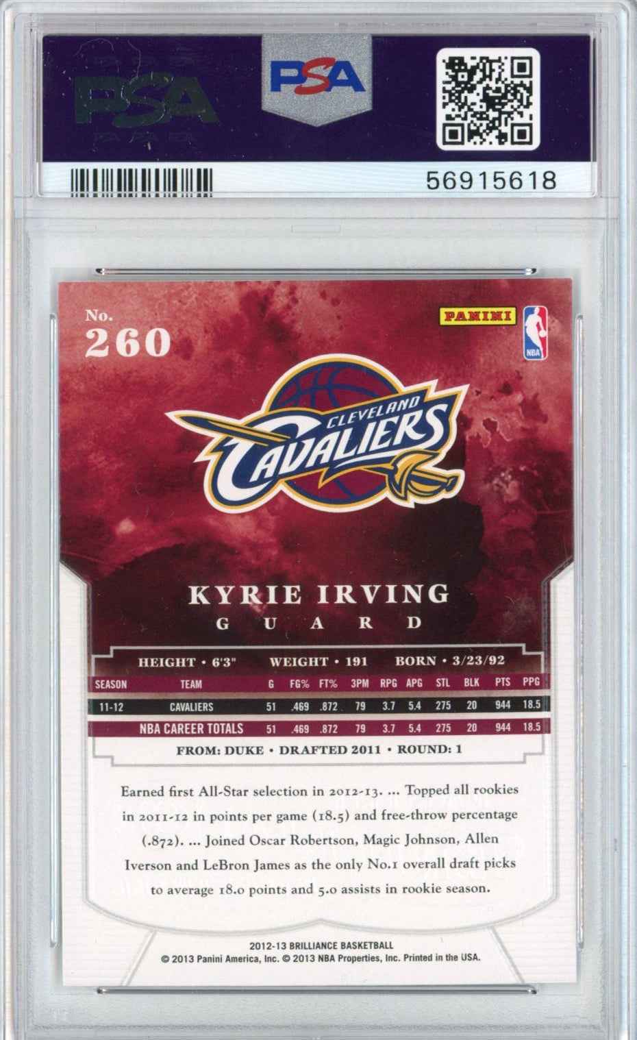 Graded 2012-13 Panini Brilliance Kyrie Irving #260 Rookie RC Basketball Card PSA 10 Gem Mint