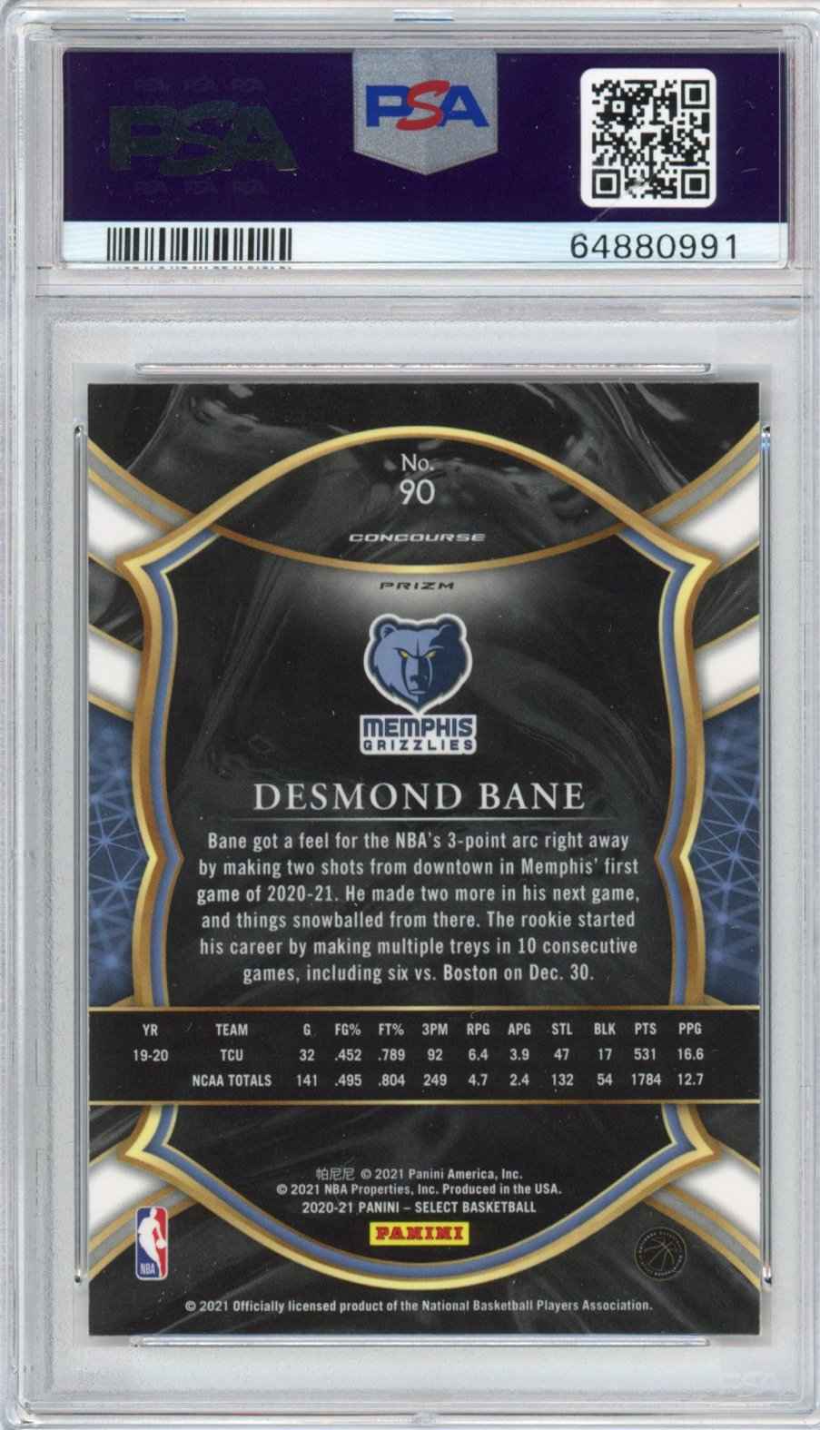 Graded 2020-21 Panini Select Desmond Bane #90 Concourse Red White Orange Shimmer Rookie RC Basketball Card PSA 10 Gem Mint