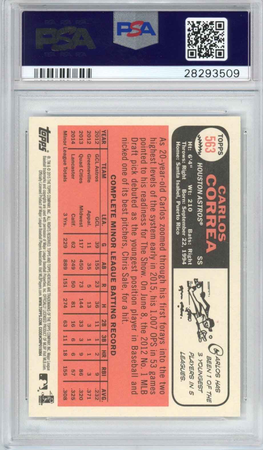 Graded 2015 Topps Heritage Carlos Correa #563 Batting Pose Rookie RC Baseball Card PSA 10 Gem Mint