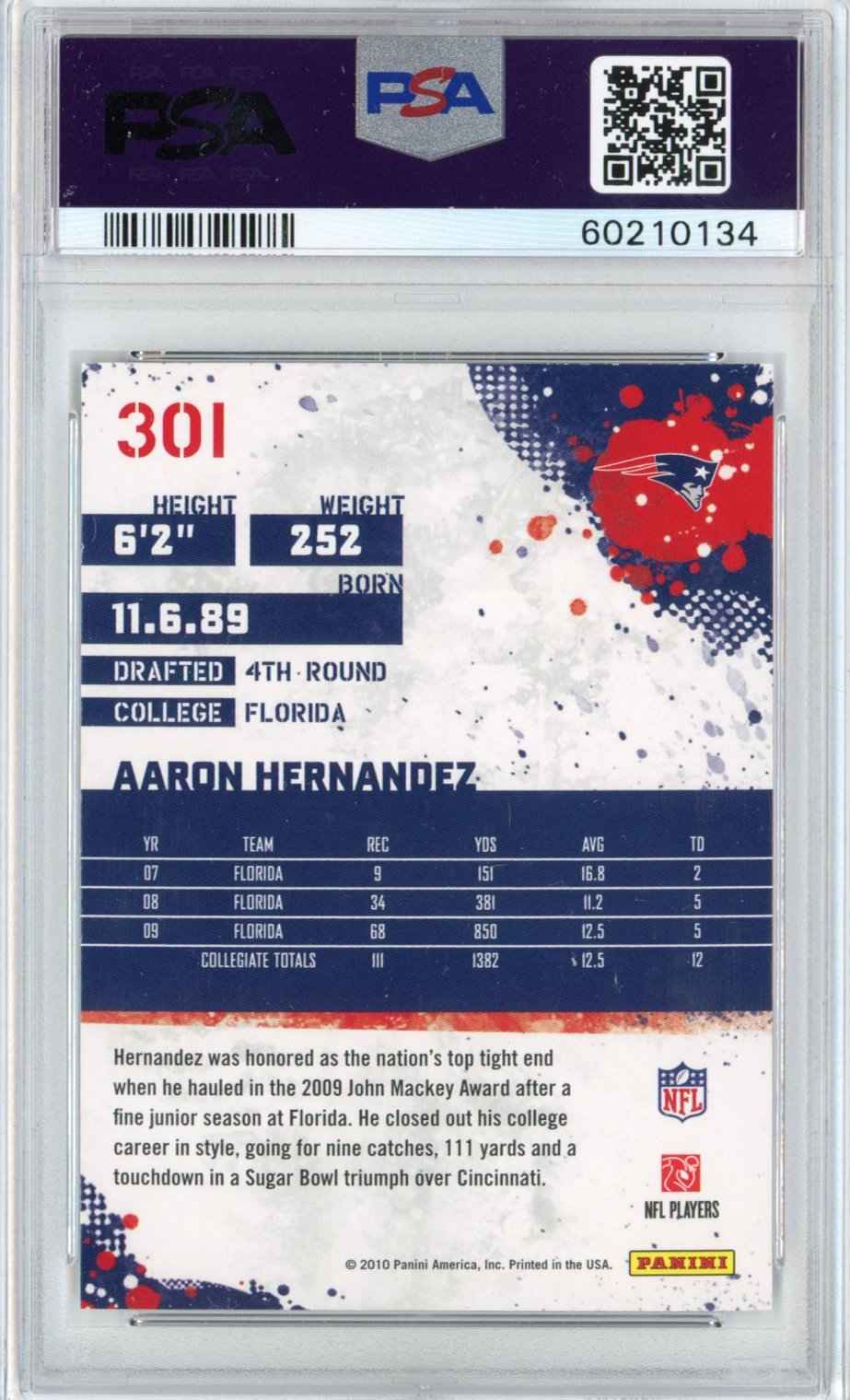 Graded 2010 Score Aaron Hernandez #301 Rookie RC Football Card PSA 10 Gem Mint