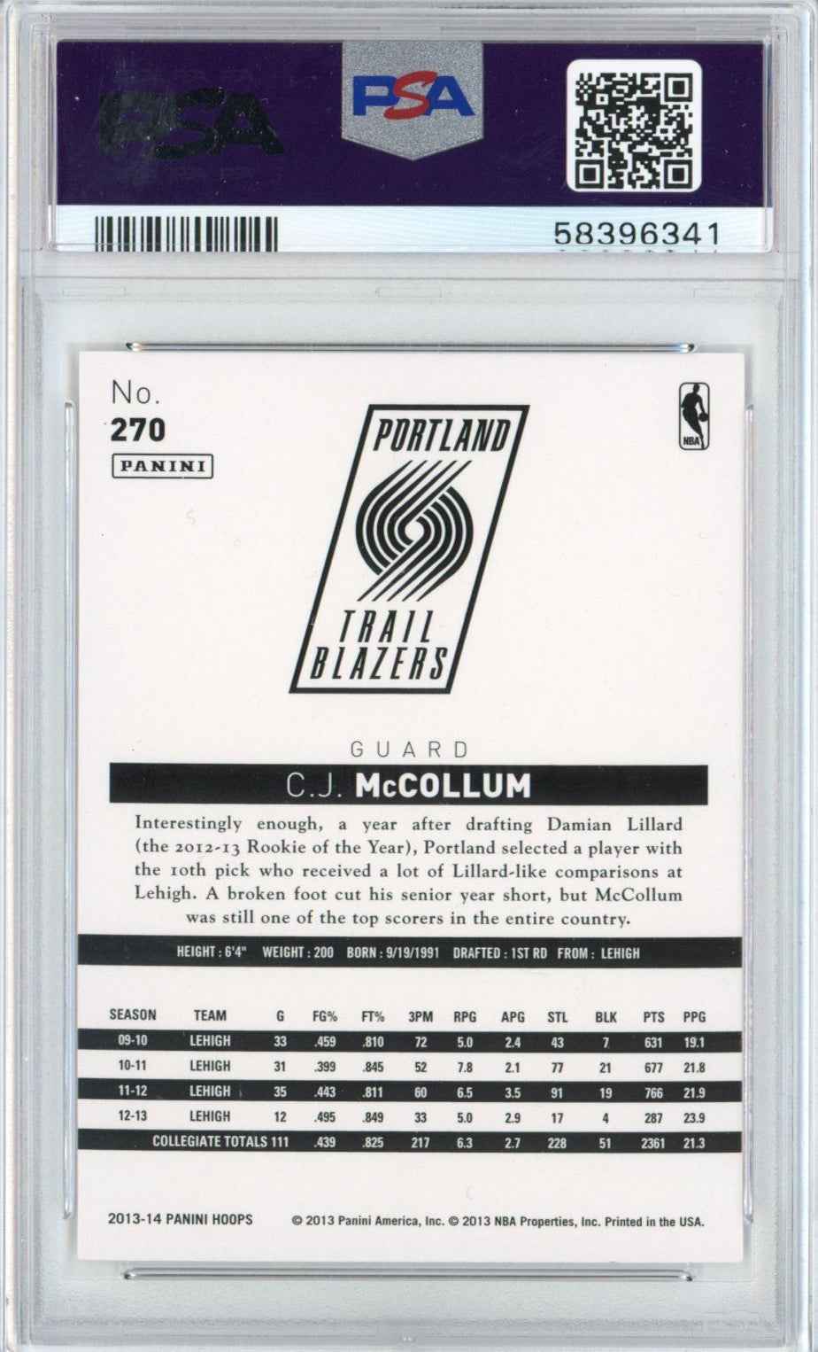 Graded 2013-14 Panini Hoops CJ C.J. McCollum #270 Rookie RC Basketball Card PSA 10 Gem Mint