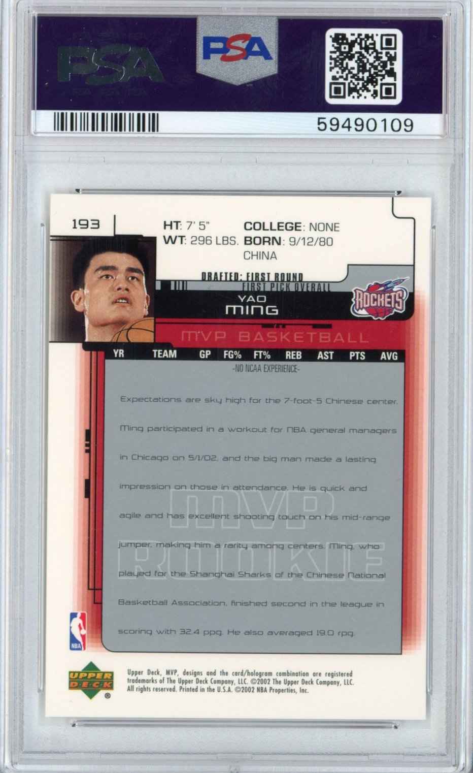 Graded 2002-03 Upper Deck UD MVP Yao Ming #193 Rookie RC Basketball Card PSA 10 Gem Mint
