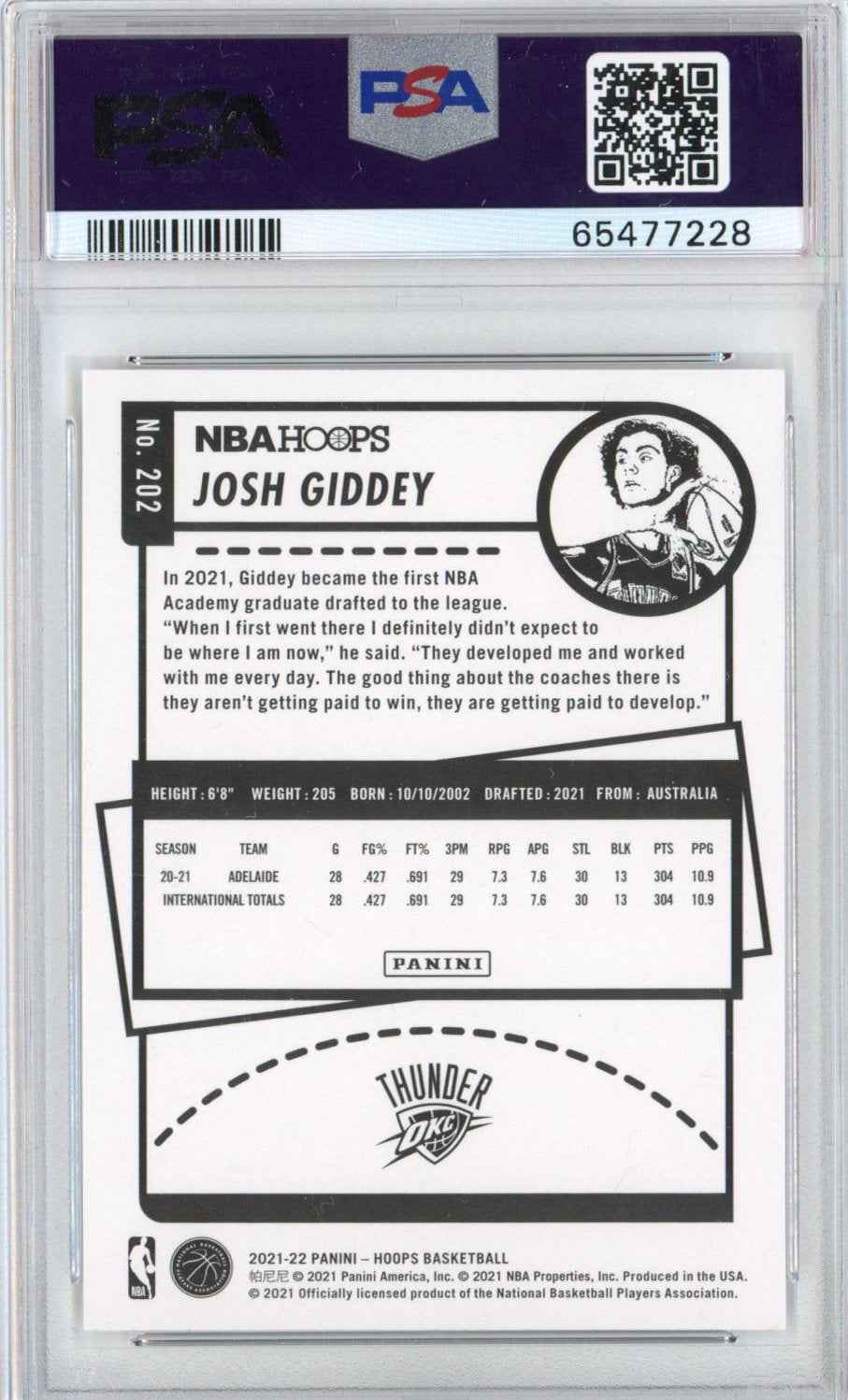 Graded 2021-22 Panini NBA Hoops Josh Giddey #202 Rookie RC Basketball Card PSA 10 Gem Mint