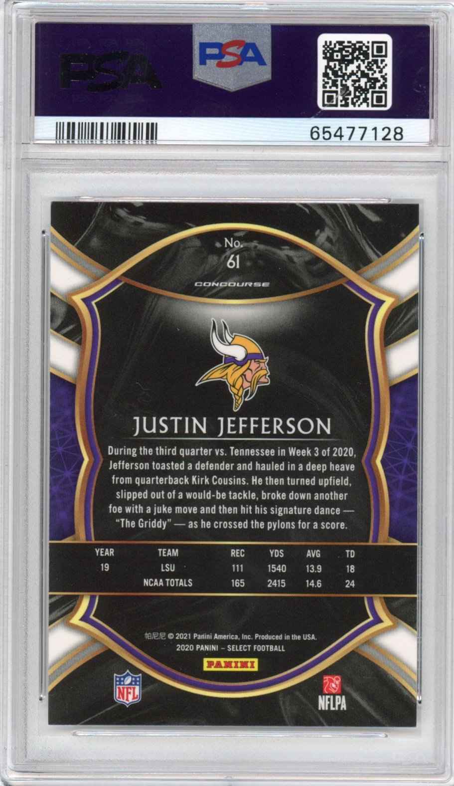 Graded 2020 Panini Select Justin Jefferson #61 Rookie RC Football Card PSA 10 Gem Mint